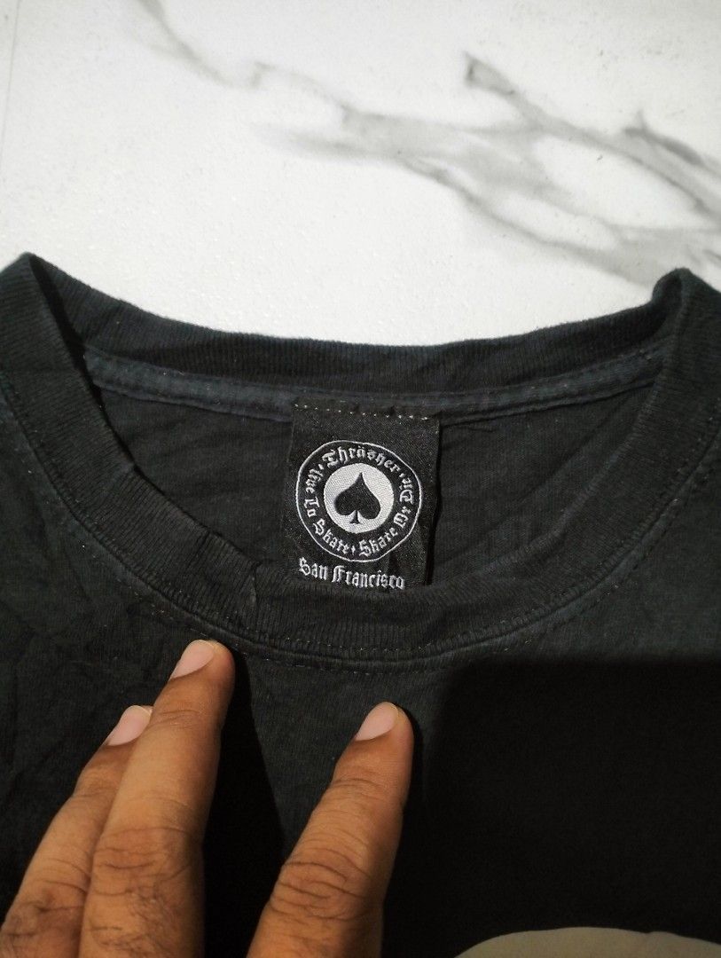 Thrasher skate tee (Category: Activewear) located in Solana. Submitted by allgoodst.s (Listing ID 1466412254, Image 3). Description: LARGE dimes 22/29 VG condition no issues 10/10 CR need wash Thrasher "New Boyfriend" (or "Boyfriend") T-shirt featuring a comic-strip graphic with the speech bubble reading, "OH GOD! WHY CAN'T MY BOYFRIEND SKATE?!".