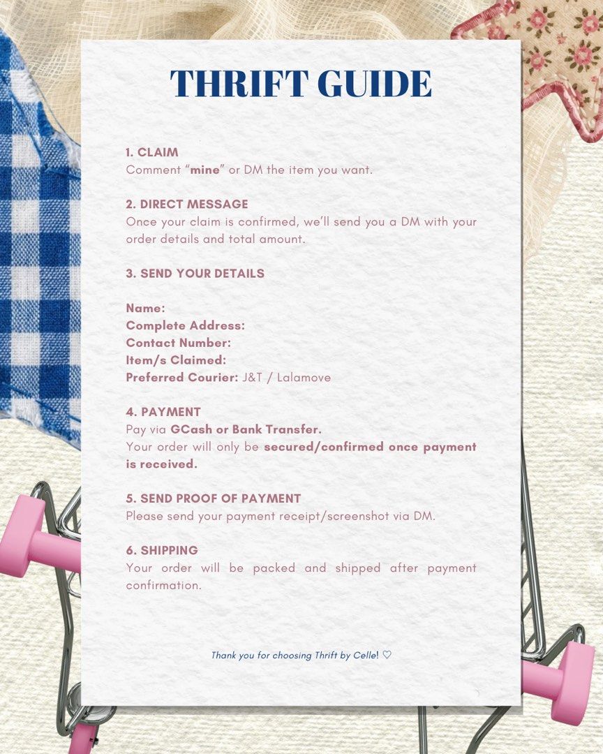 THRIFT BY CELLE GUIDE AND NOTES (Category: Announcements) located in Pasig City. Submitted by thriftbycelle (Listing ID 1466351610, Image 3). Description: ♡ a little guide before you thrift ♡ before claiming your finds, please take a moment to read through our thrift guide & shop notes 🧺🤍 everything you need to know about claiming, payment, shipping, and our shop policies can be found here. we want every transaction to be smooth, easy, and happ