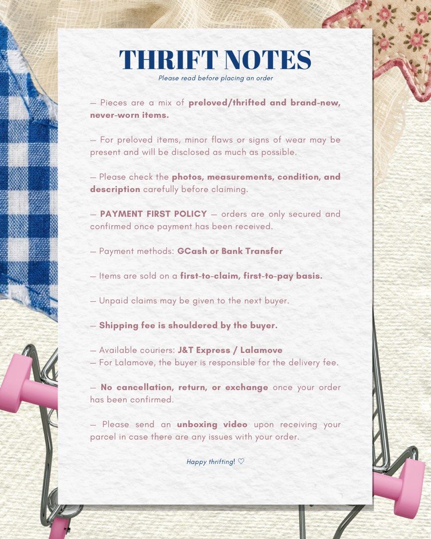THRIFT BY CELLE GUIDE AND NOTES (Category: Announcements) located in Pasig City. Submitted by thriftbycelle (Listing ID 1466351610, Image 2). Description: ♡ a little guide before you thrift ♡ before claiming your finds, please take a moment to read through our thrift guide & shop notes 🧺🤍 everything you need to know about claiming, payment, shipping, and our shop policies can be found here. we want every transaction to be smooth, easy, and happ