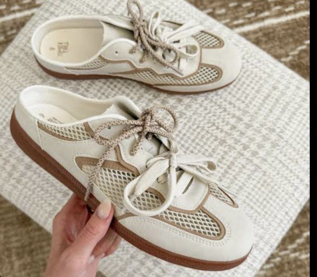 Time and Tru Beige Mesh Sneaker Mules Size 7 (Category: Sneakers) located in Quezon City. Submitted by jvr2019 (Listing ID 1466459356, Image 1). Description: - Brand: Time and Tru - Style: Sneaker mules / open-back slip-on - Size: US 7 - Color: Neutral beige (easy to pair with any casual outfit) - Features: Lace-up front detail and breathable mesh panels across the upper - Sole: Gum rubber with textured bottom grip - Condition: Brand new, never w