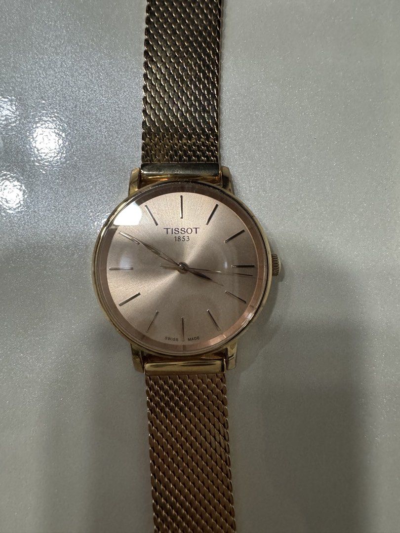 Tissot Watch (Category: Women's Watches) located in Cagayan de Oro. Submitted by serenexsienna (Listing ID 1466457476, Image 2). Description: ✅Tissot 1853 Rose Gold Watch ✅No issue. Comes with original box and warranty ✅bought for PhP 20k ✅Brand: Tissot 1853 (Model: T143210 A) ✅Color/Finish: Elegant rose gold tone ✅Dial: Clean minimalist design with simple hour markers and Swiss Made detailing ✅Strap: Adjustable mesh metal strap with secure clasp