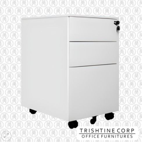 TMP-040 | Minimalist Mobile Pedestal (Category: Office Furniture & Fixtures) located in Caloocan City. Submitted by jim.trishtineofficefurnitures (Listing ID 1466415695, Image 1). Description: - Brand: Trishtine Corp Office Furniture - Color: Clean white with a minimal look - Storage: 3 spacious drawers for files, stationery, and supplies - Security: Top drawer includes a lock with keys - Mobility: Sits on smooth black castor wheels, fits easily 