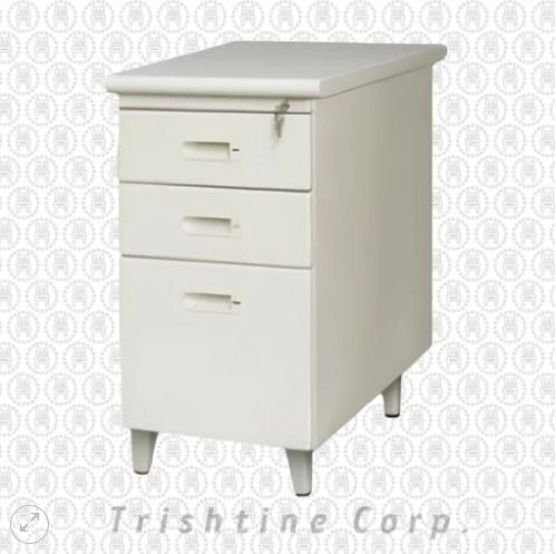 TMP-041 | Mobile Pedestal (Category: Office Furniture & Fixtures) located in Caloocan City. Submitted by jim.trishtineofficefurnitures (Listing ID 1466415275, Image 1). Description: - Color & Material: Sleek white, sturdy metal construction - Storage: 3 drawers total (2 top drawers, 1 deep bottom drawer for hanging files) - Security: Top drawer comes with a working lock and key - Design: Minimalist aesthetic with 4 modern angled legs - Versatilit
