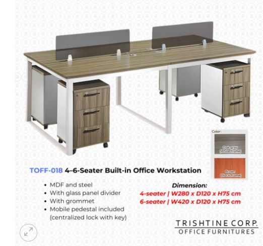 TOFF-018 | 4-6-seater Built-in Office Workstation (Category: Office Furniture & Fixtures) located in Caloocan City. Submitted by jim.trishtineofficefurnitures (Listing ID 1466428249, Image 1). Description: - Brand/Model: Trishtine Corp TOFF-018 Office Workstation Set - Design: Modern oak gray MDF top with a sleek white steel frame - Features: Built-in glass panel divider, cable grommets, and mobile pedestals with centralized key locks - Available