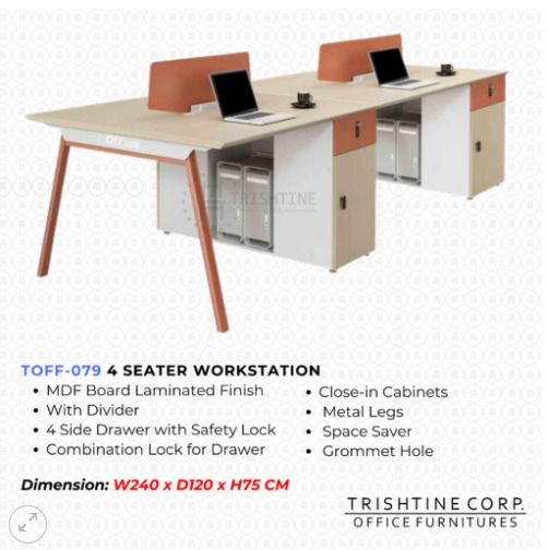 TOFF-079 | 4 Seater Workstation (Category: Office Furniture & Fixtures) located in Caloocan City. Submitted by jim.trishtineofficefurnitures (Listing ID 1466422947, Image 1). Description: - Model: Trishtine Corp TOFF-079 4-Seater Office Workstation - Dimensions: W240 x D120 x H75 cm (Space-saving design for shared offices) - Material: Durable MDF board with a sleek laminated finish and sturdy metal legs - Storage: Includes close-in cabinets and f