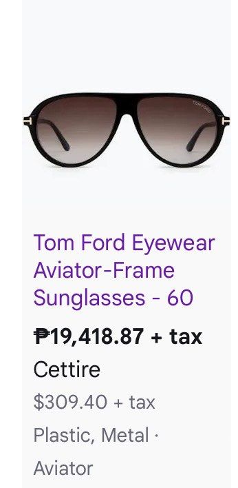 Tom Ford Eyewear Aviator-Frame Sunglasses - 60 (Category: Sunglasses & Eyewear) located in Manila. Submitted by ayu_026 (Listing ID 1466507484, Image 1). Description: - Brand: Tom Ford - Model: Aviator Sunglasses - Size: 60 - Color: Black frames with gradient lenses - Details: Iconic gold T-logo at the temples - Inclusions: Original brown velvet hard case and cleaning cloth - Condition: Premium designer eyewear, sleek everyday style - Retail Pric