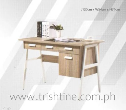 TSDESK-004 Study Desk with Drawers (Category: Office Furniture & Fixtures) located in Caloocan City. Submitted by jim.trishtineofficefurnitures (Listing ID 1466431278, Image 2). Description: - Model: TSDESK-004 Study Desk - Finish: Light oak laminated tabletop with a sturdy white metal frame - Storage: 3 small top drawers plus 1 large locking drawer on the right - Dimensions: 120cm (L) x 54cm (W) x 74cm (H) - Style: Modern minimalist design, idea