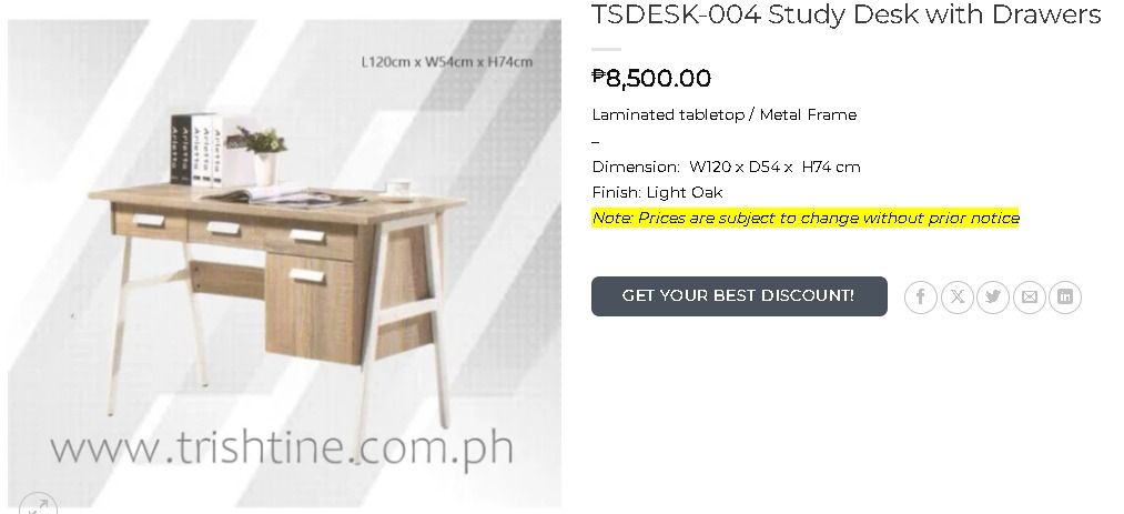 TSDESK-004 Study Desk with Drawers (Category: Office Furniture & Fixtures) located in Caloocan City. Submitted by jim.trishtineofficefurnitures (Listing ID 1466431278, Image 1). Description: - Model: TSDESK-004 Study Desk - Finish: Light oak laminated tabletop with a sturdy white metal frame - Storage: 3 small top drawers plus 1 large locking drawer on the right - Dimensions: 120cm (L) x 54cm (W) x 74cm (H) - Style: Modern minimalist design, idea