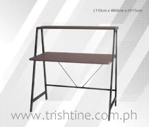 TSDESK-005 Computer Study Desk with Shelf Ledge (Category: Tables & Sets) located in Caloocan City. Submitted by jim.trishtineofficefurnitures (Listing ID 1466432039, Image 1). Description: - Sturdy metal frame with stylish brown wooden surfaces - Dual-tier design: spacious main work desk + raised upper shelf for monitors or decor - Dimensions: 110cm Length x 60cm Width x 115cm Height - Enhanced stability with a back X-brace support bar - Clean, 