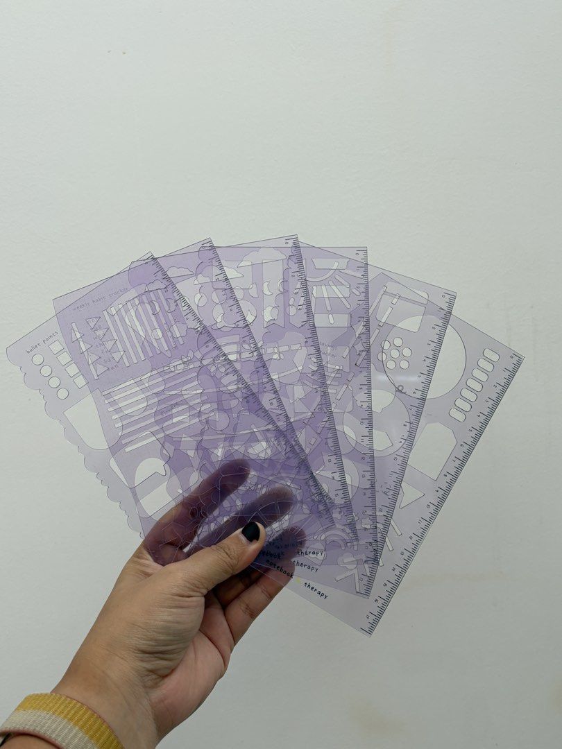 Tsuki Bullet Journal Stencils by Notebook Therapy (Category: Stationery & School Supplies) located in Calamba. Submitted by ealc66554 (Listing ID 1466484166, Image 3). Description: - Brand: Notebook Therapy - Material: Translucent purple plastic - Includes: Multiple templates for bullet points, trackers, banners, and icons - Condition: Comes in original cardboard storage box with cute doodle patterns - Perfect for: Bullet journaling, planners, an