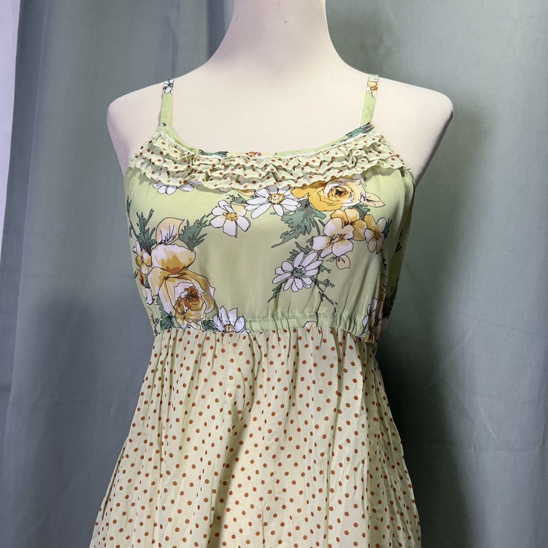 twee lime green sun dress (Category: Dresses) located in Malabon City. Submitted by minidressmonster (Listing ID 1466472660, Image 2). Description: cute twee floral and polka lime green cami babydoll dress with ruffles and lace trim adjustable straps best fit xs medyo see thru sha, i recommend wearing something underneath worn once on vacay :) good as new!.