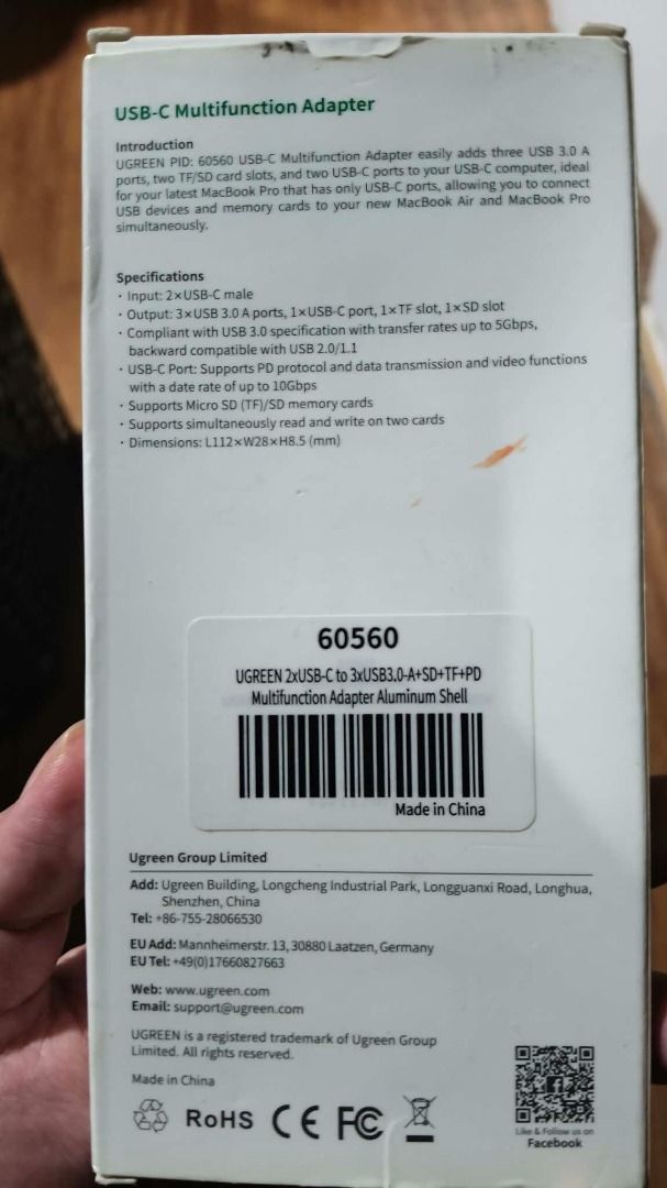 UGREEN USB-C Multifunction Adapter 60560 (Category: Cables & Adaptors) located in Manila. Submitted by cmjunks (Listing ID 1466486877, Image 3). Description: - Brand: UGREEN (Model 60560) - Material: Sleek aluminum shell 🔌 Ports • 3× USB 3.0 Type-A • 1× USB-C port • 1× SD card slot • 1× TF / MicroSD card slot • 2× USB-C male connectors ⚡ Specifications • USB 3.0 transfer speed up to 5Gbps • USB-C port supports PD charging, data transmission and 