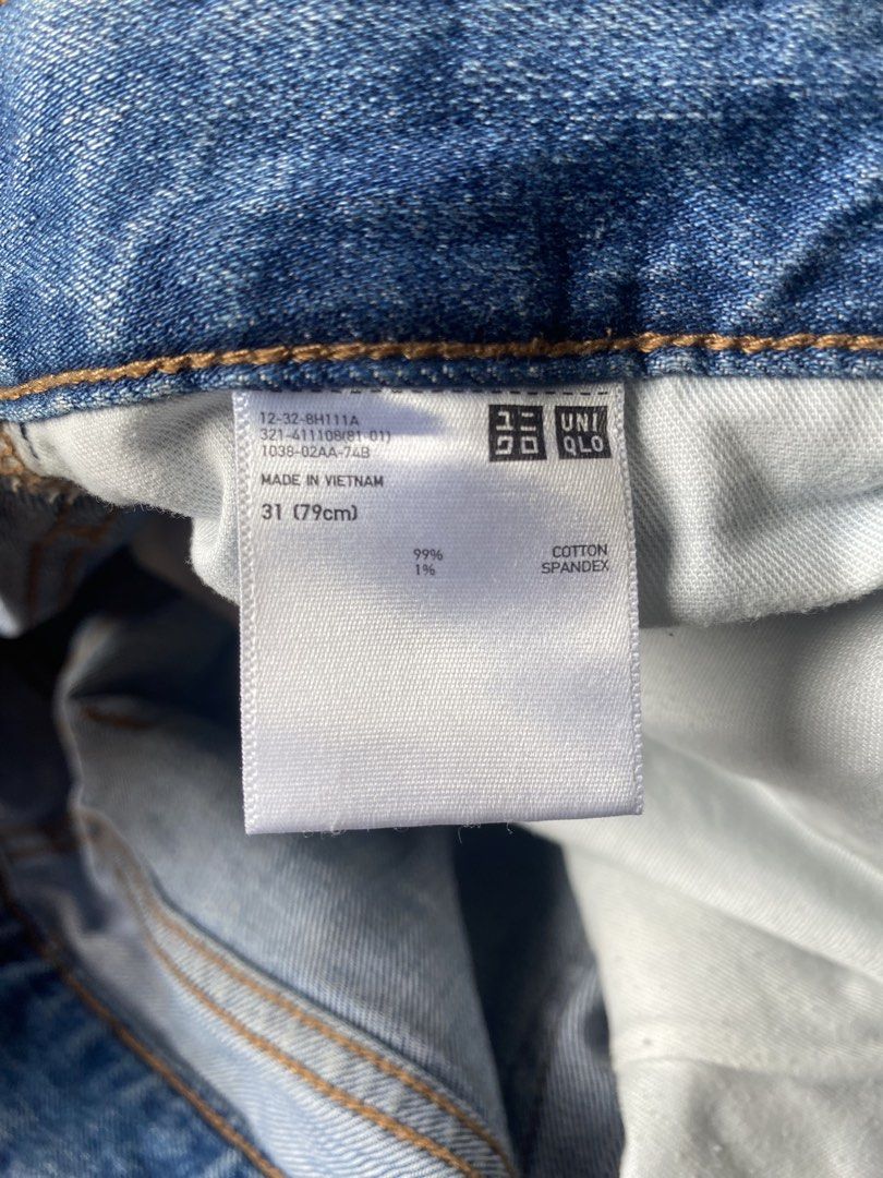 Uniqlo Distressed Blue Jeans Size 31 (Category: Jeans) located in Cavite. Submitted by pax_justinn (Listing ID 1466491139, Image 3). Description: - Brand/Model: Uniqlo Denim Jeans - Color: Light blue wash with trendy distressed details on legs and front pockets - Size: Size 31 (79cm waist) - Material: 99% cotton, 1% spandex blend for a comfortable fit - Closure: Button fly - Origin: Made in Vietnam.