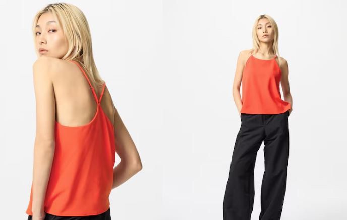 Uniqlo Spaghetti Blouse Size XL (Category: Sleeveless) located in Manila. Submitted by Mimi020623 (Listing ID 1466481625, Image 1). Description: - Brand: Uniqlo - Color: Bright red / solid orange-red - Size: XL (Fits bust 92-98cm) - Features: Built-in bra cups for hidden support - Straps: Adjustable thin straps with a criss-cross back design - Condition: excellent, super comfortable style.
