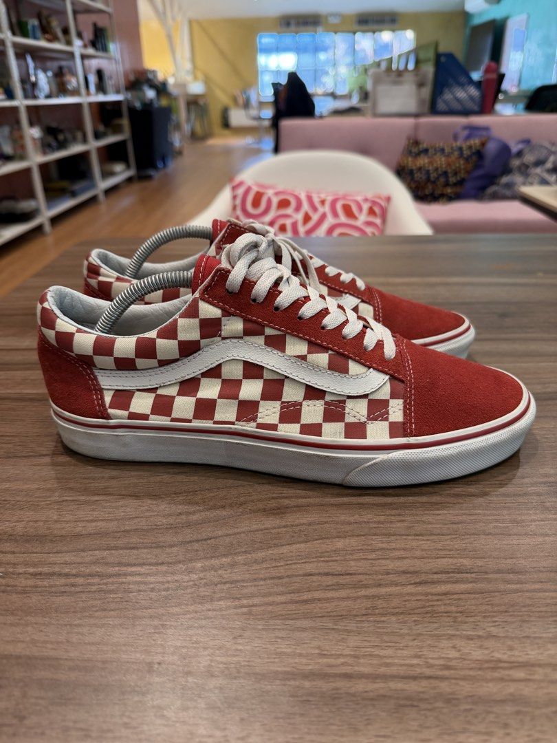 Vans Old Skool Red Checkered Sneakers (Category: Sneakers) located in Taguig. Submitted by mikecons (Listing ID 1466369840, Image 1). Description: - Design: Red and white checkered canvas with red suede toe caps and heel counters - Details: Classic white side stripe and durable white rubber waffle outsoles - Inclusions: Original white laces - Condition: Gently used a few times, exceptionally clean uppers with minimal tread wear.