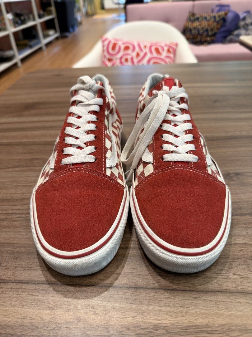 Vans Old Skool Red Checkered Sneakers (Category: Sneakers) located in Taguig. Submitted by mikecons (Listing ID 1466369840, Image 2). Description: - Design: Red and white checkered canvas with red suede toe caps and heel counters - Details: Classic white side stripe and durable white rubber waffle outsoles - Inclusions: Original white laces - Condition: Gently used a few times, exceptionally clean uppers with minimal tread wear.