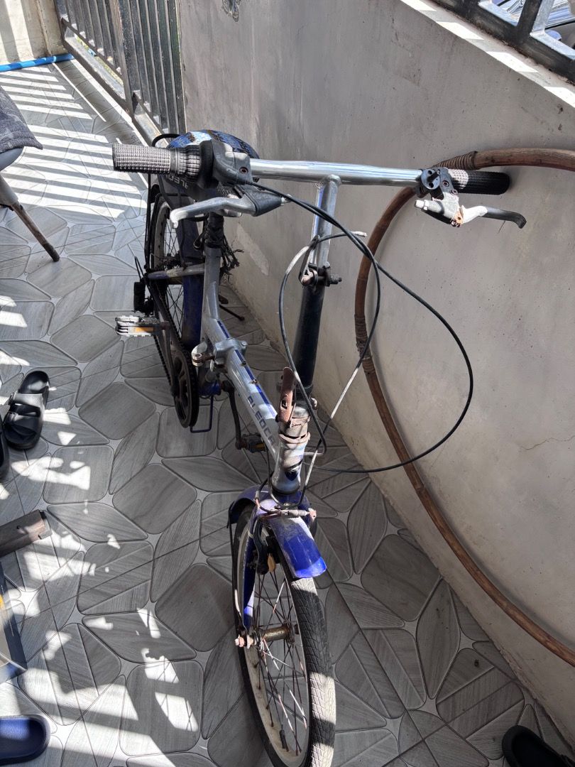 Viaggi Folding Bicycle Silver Blue (Category: Bicycles) located in Guiguinto. Submitted by araandapollo (Listing ID 1464991872, Image 1). Description: - Brand/Model: Viaggi folding bike - Color: Silver frame with blue accents and black chainring guard - Condition: Heavy rust spots on pedals and metal joints; needs thorough cleaning and maintenance before riding - Tires: Good tread still intact - Best for: Restoration project or spare parts - Meet