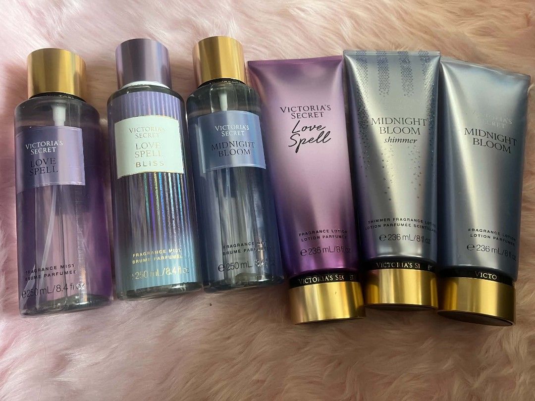 Victoria's Secret Mists and Lotions Bundle (Category: Fragrance & Deodorants) located in Valenzuela. Submitted by joice026 (Listing ID 1466375443, Image 3). Description: Collection of Victoria's Secret fragrance mists and body lotions. Scents include Love Spell, Love Spell Bliss, Romantic, and Midnight Bloom. Includes shimmer versions too. Great mix of floral and sweet notes. Bottles are 250ml and tubes are 236ml. Selling as a bundle pack. Grab t