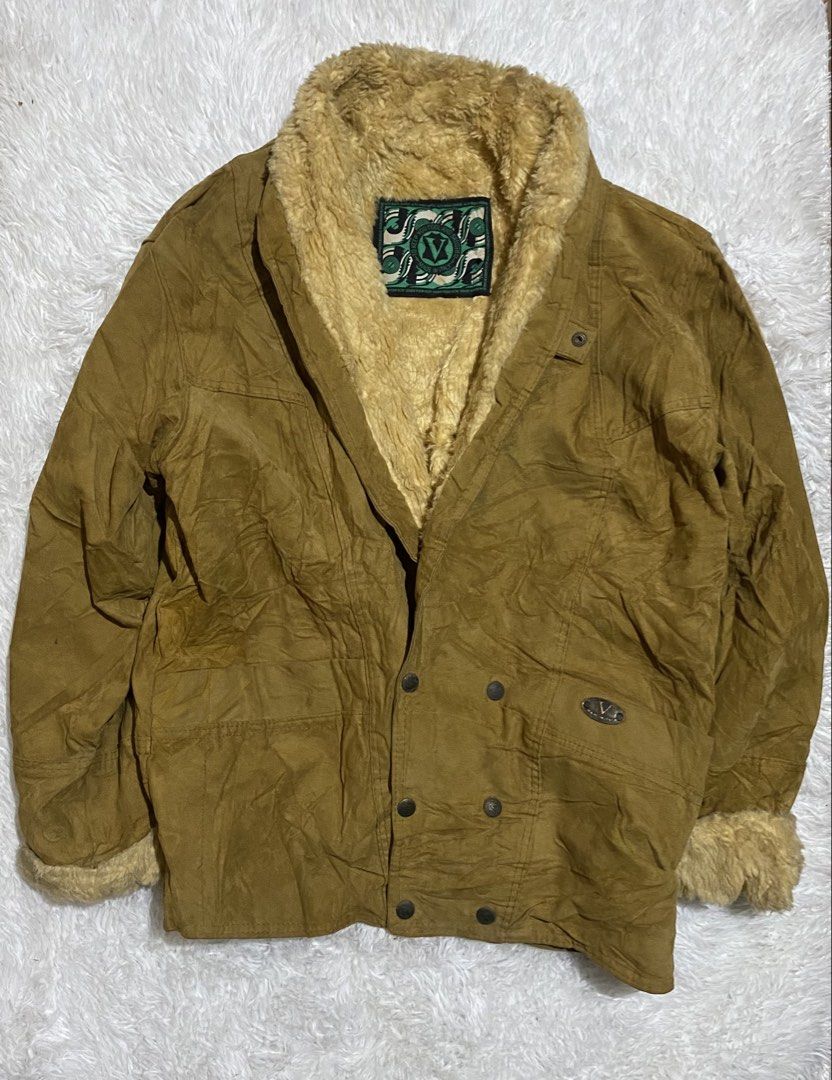 Vintage Alta Moda Borius genuine shearling jacket (Category: Luxury Apparel) located in Zamboanga. Submitted by trippsnthrifts (Listing ID 1466429390, Image 1). Description: vintage brown suede with a thick, tan/cream faux-fur or shearling collar, lapels, and interior lining. No issues .