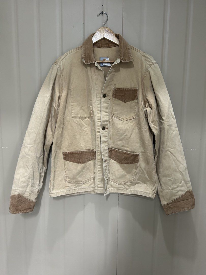Vintage Carhartt 1989 Chore Jacket (Category: Coats, Jackets and Outerwear) located in Los Banos. Submitted by remynextdoor (Listing ID 1466392216, Image 1). Description: - Brand: Carhartt - 23.5x26 - Style: Vintage 100 Years (1889-1989) Canvas Chore Jacket - Color: Tan with contrast brown corduroy collar, pocket flaps, and cuffs - Details: Special commemorative stamped metal buttons and multiple front utility pockets - Sizing: Flat lay width mea