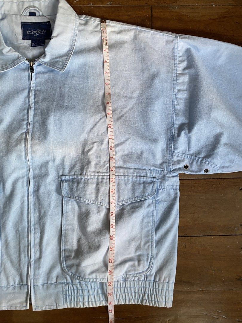 Vintage Colave Light Blue Zip-Up Jacket (Category: Coats, Jackets and Outerwear) located in Aparri. Submitted by clydealias (Listing ID 1466377975, Image 2). Description: Colave Light Blue Harrington Jacket Boxy Fit Width: 27 Length: 26 Condition: good preloved condition Negotiable.