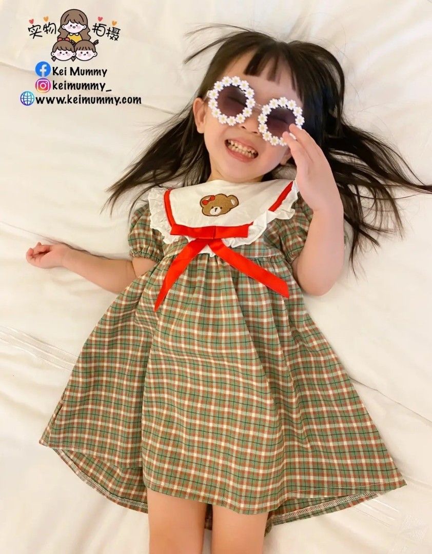 Vintage dress (Category: Babies & Kids Fashion) located in Manila. Submitted by carolgaza14 (Listing ID 1466439496, Image 2). Description: Kids Plaid Dress with Bear Collar - Size 5-6T - *Pattern:Green, red, and beige small checkered plaid / gingham - *Cut:* Short puff sleeves, A-line flare skirt, regular fit - *Collar:* Large white sailor / bib collar with red piping and white ruffle trim - With cute embroidered brown teddy bear with red bows in