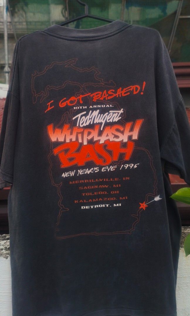 Vintage TED NUGENT AOP (Category: Tshirts & Polo Shirts ) located in Borbon. Submitted by karaangsinina (Listing ID 1466473777, Image 3). Description: Vintage TED NUGENT AOP 10TH Annual Whiplash Bash New Year's Eve 1995 Tultex Cotton Tag @1995 Ted Nugent Licensed By Winterland W24 L28.5 Dimensions Minor Hairlines Crackprints, Tiny Pinholes.