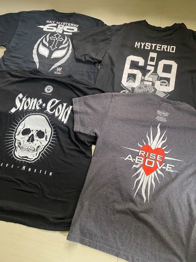 Vintage wrestling tees ♻️ (Category: Tshirts & Polo Shirts ) located in San Miguel. Submitted by jackcurateddept (Listing ID 1466365188, Image 2). Description: WTS! ♻️ Booyaka official cut tag 22.5x28 Mysterio green cut white 22x27 Stone cold stunner official 2003 large on tag 24x29 deadstock condi HBK official 2003 20x27 deadstock condi DM 👋🏻.