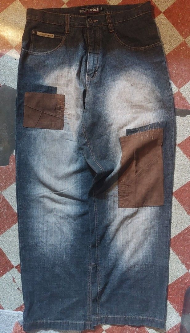 Vintage Y2K Southpole Pathwork Denim Jeans (Category: Jeans) located in Manila. Submitted by ulpasefei (Listing ID 1466359564, Image 1). Description: Vintage Y2K Southpole jeans green tab Baggy Fit Jeans, Patchwork design Suede Material, intricate ZigZag Stitches, deep pockets, Nice Vintage Acid wash. Size L: (W: 32-33 I L: 42 | Hem: 10 ) Crispy Condition, Minor issue Pinhole, see details on pics..