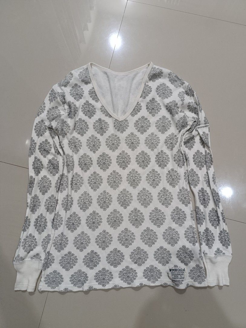 Wacko Maria Skull Print Long Sleeve (Category: Longsleeves) located in Davao. Submitted by idioticthrifter (Listing ID 1466553005, Image 1). Description: - Brand: Wacko Maria - Item: Thermal long sleeve shirt - Color/Pattern: White with all-over black skull and floral print - Details: V-neck, ribbed cuffs, sleeve woven label, and hem tag - Material: 100% cotton, Made in Japan - Size: S - Care: Hand wash only - Condition: Excellent/Ready to ship -