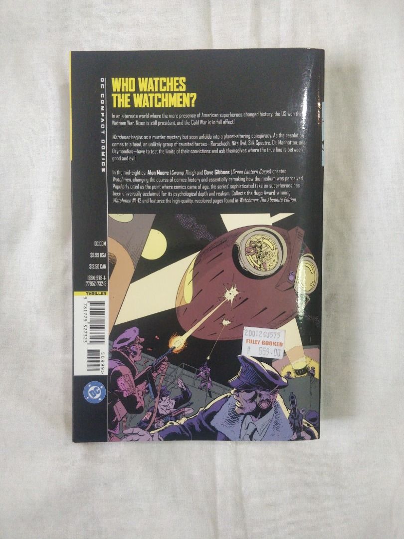 Watchmen DC Compact Comics Edition Alan Moore Dave Gibbons (Category: Comics & Manga) located in Quezon City. Submitted by caduceus.dc (Listing ID 1466491042, Image 2). Description: Title: Watchmen by Alan Moore and Dave Gibbons (DC Compact Comics edition) - 500Php - Condition: Like New - Note: Other comics only for scale. Not included. - Legendary comic book story brought to you in the convenient DC Compact lineup. - Location: Batasan Hills, Com