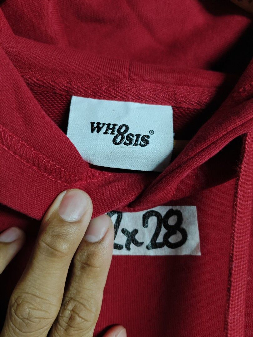 Wh8sis (Category: Coats, Jackets and Outerwear) located in Rizal. Submitted by itsmecle0 (Listing ID 1466405587, Image 3). Description: This item is the WHOOSIS OG Shadow Phantom Big Logo Hoodie in maroon/dark red. Product Details • Brand: WHOOSIS (a prominent streetwear brand founded in Chongqing) • Design Features: Features the iconic yellow "WHO8SIS" overlapping visual text graphic printed across the center chest, complete with a front kangaro
