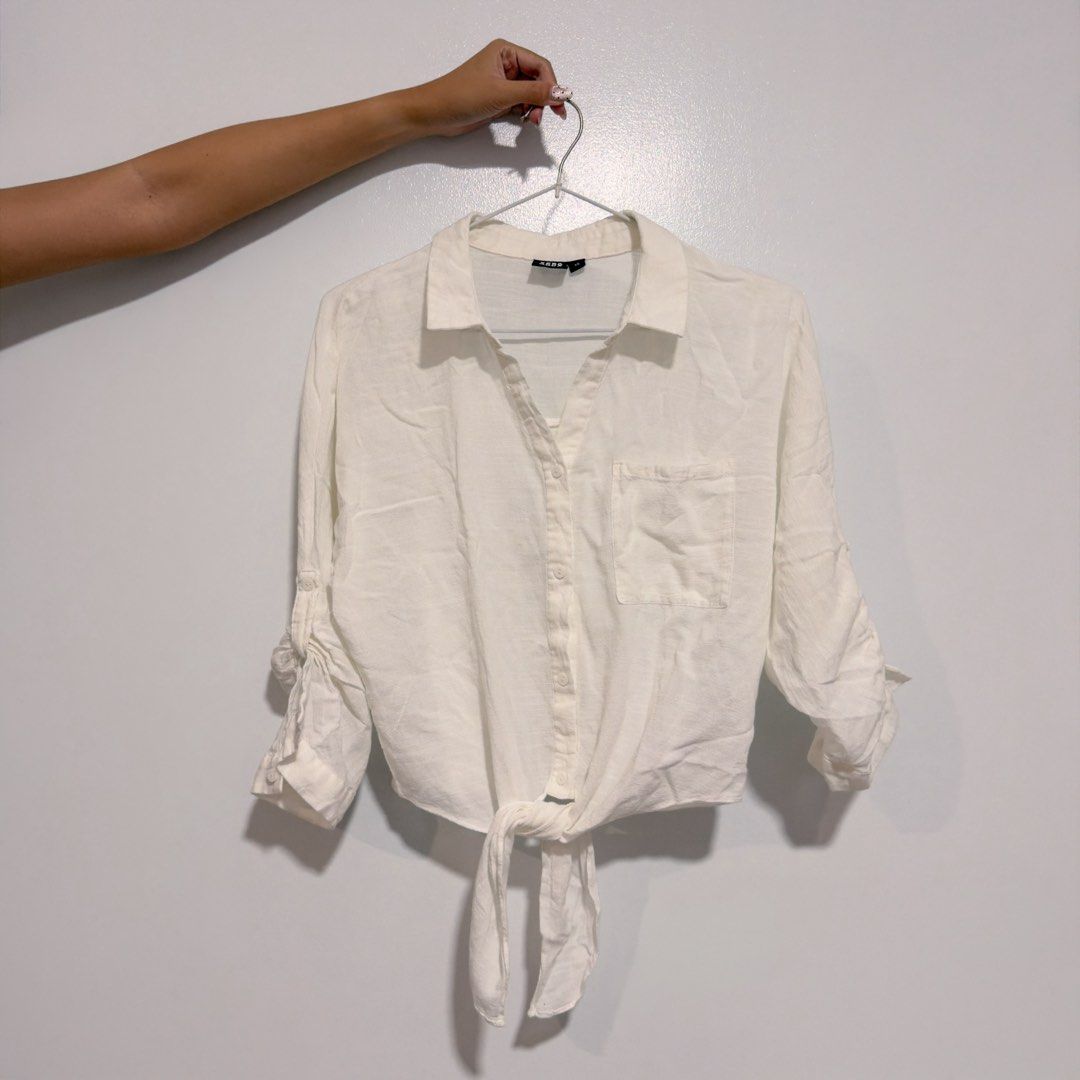 white button down tie top (Category: Blouses) located in Cebu City. Submitted by cuteoncue (Listing ID 1466406429, Image 2). Description: xs-small.