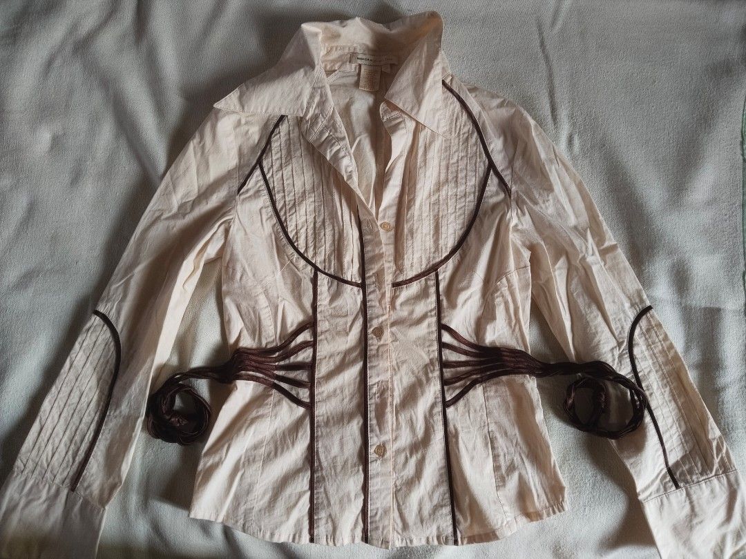 cream button-down (Category: Blouses) located in Manila. Submitted by glittereyed (Listing ID 1466337368, Image 1). Description: whimsy cream long-sleeve button-down shirt with side waist straps.