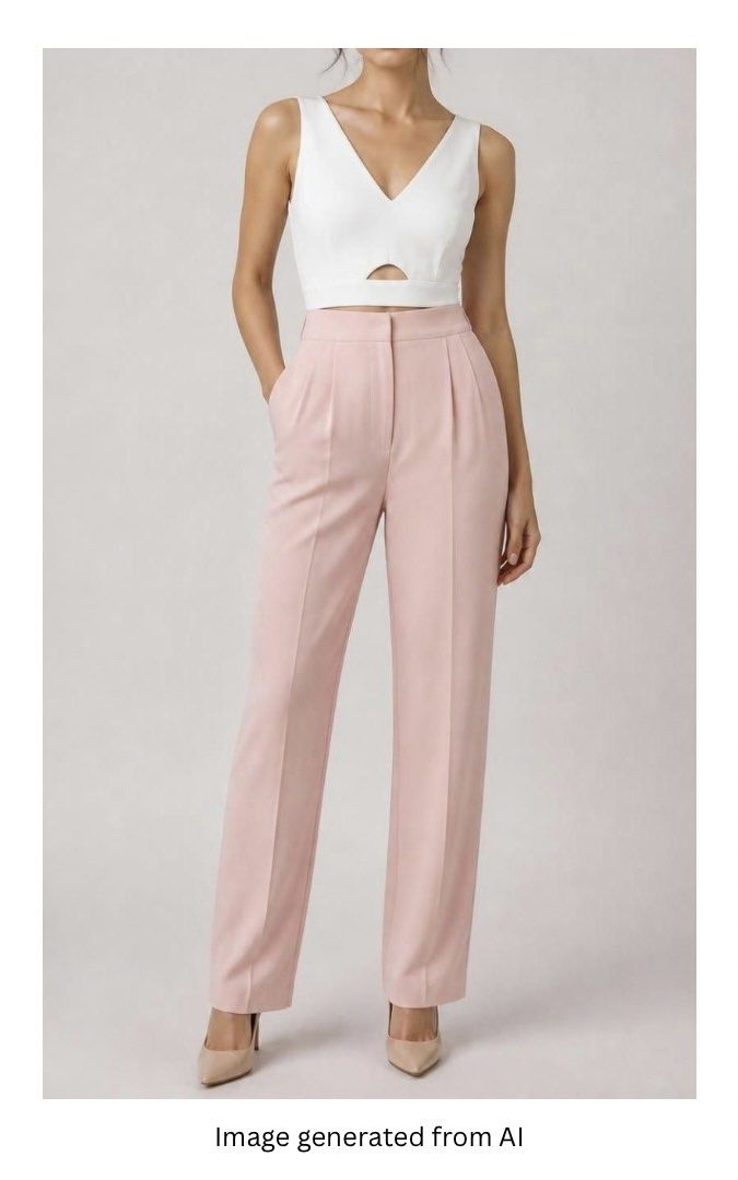 White Crop Top and Pink Trousers Set (Category: Sets or Coordinates) located in Pasig City. Submitted by jsyrgt (Listing ID 1466436394, Image 1). Description: Condition: 10/10 Top: worn once (altered by a professional to fit my smaller frame—alteration shown in the last photo) Bottom: worn twice (tiny black smudge near the left pocket, shown in the 8th photo) - Set includes: Sleeveless crop top and high-waisted trousers - Top details: White, V-ne