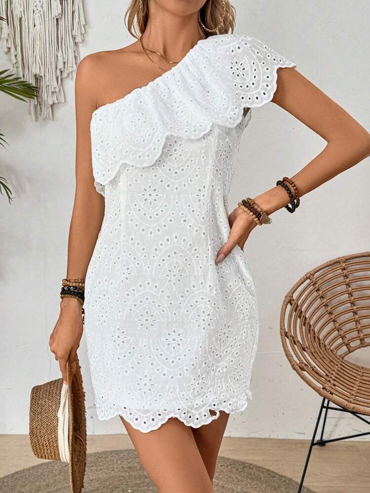 White One-Shoulder Eyelet Ruffle Mini Dress (Category: Dresses) located in Bacoor. Submitted by katecassan85266 (Listing ID 1466383927, Image 1). Description: White eyelet mini dress. One-shoulder design with a big ruffle overlay. Scalloped hem. Light cotton material with all-over cutout embroidery. Great piece for warm weather or beach trips. Easy to dress up with bracelets and sandals..
