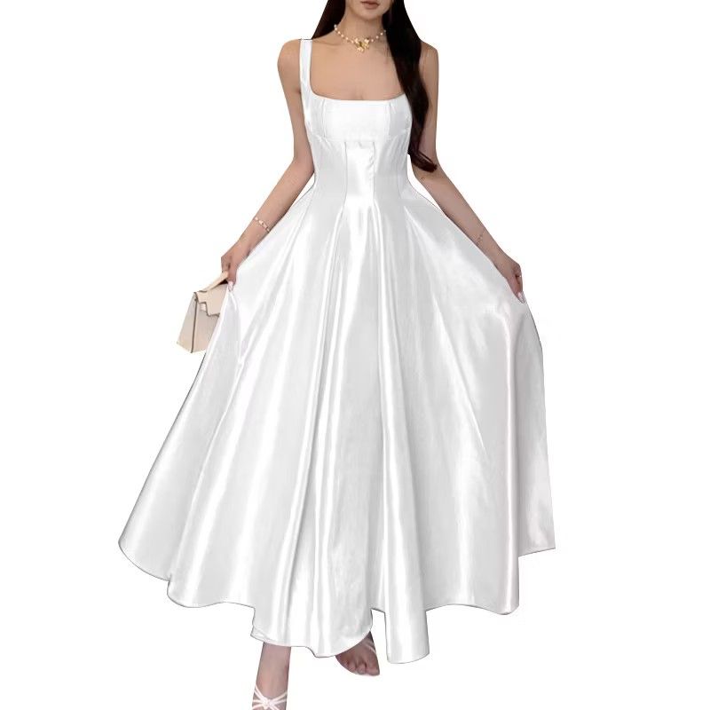 White Satin Square Neck Maxi Dress (Category: Dresses) located in Baguio. Submitted by shopmycl0sets (Listing ID 1466337456, Image 2). Description: ✔️Size: Can fit S-Semi Medium ✔️Color & Material: Heavy glossy WHITE satin with a smooth finish ✔️Design: Square collar, thick straps, and fitted bodice ✔️Silhouette: Full, voluminous floor-length skirt with structured front waist pleats and subtle draping ✔️Closure: with side zipper ✔️Condition: Bran