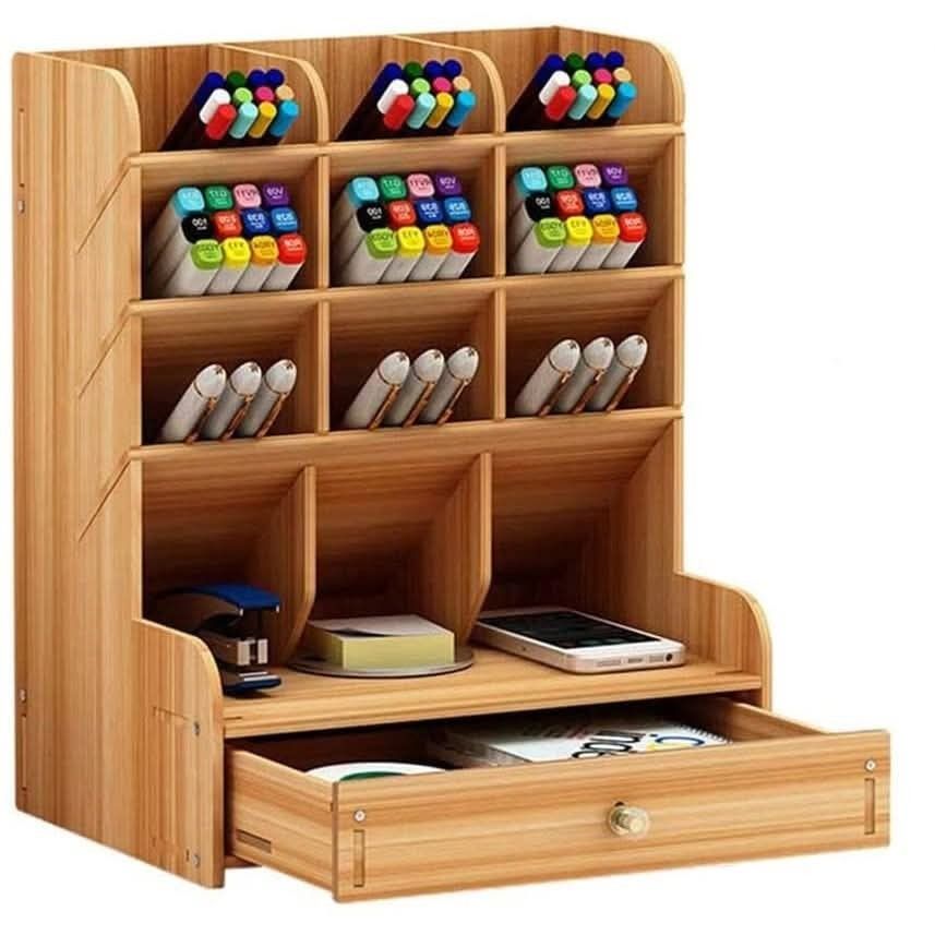 Wooden Desk Organizer, Multi-Functional DIY Pen Holder Box (Category: Stationery & School Supplies) located in Manila. Submitted by yzcartph (Listing ID 1466473995, Image 1). Description: Wooden Desk Organizer, Multi-Functional DIY Pen Holder Box.