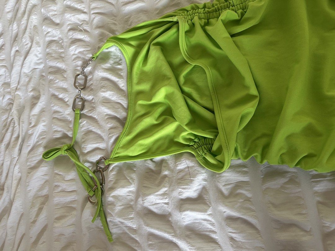 Y2k Lime Green Ruched Chain Dress (Category: Dresses) located in Mandaluyong City. Submitted by youarecutejeans (Listing ID 1466441650, Image 3). Description: - Brand: Do My Self (Brand New with Tag) - Color: Bright lime green - Fit: Bodycon with stretchy fabric - Details: Side ruching, adjustable drawstrings, and silver chain halter neck - Condition: Brand new, never worn.