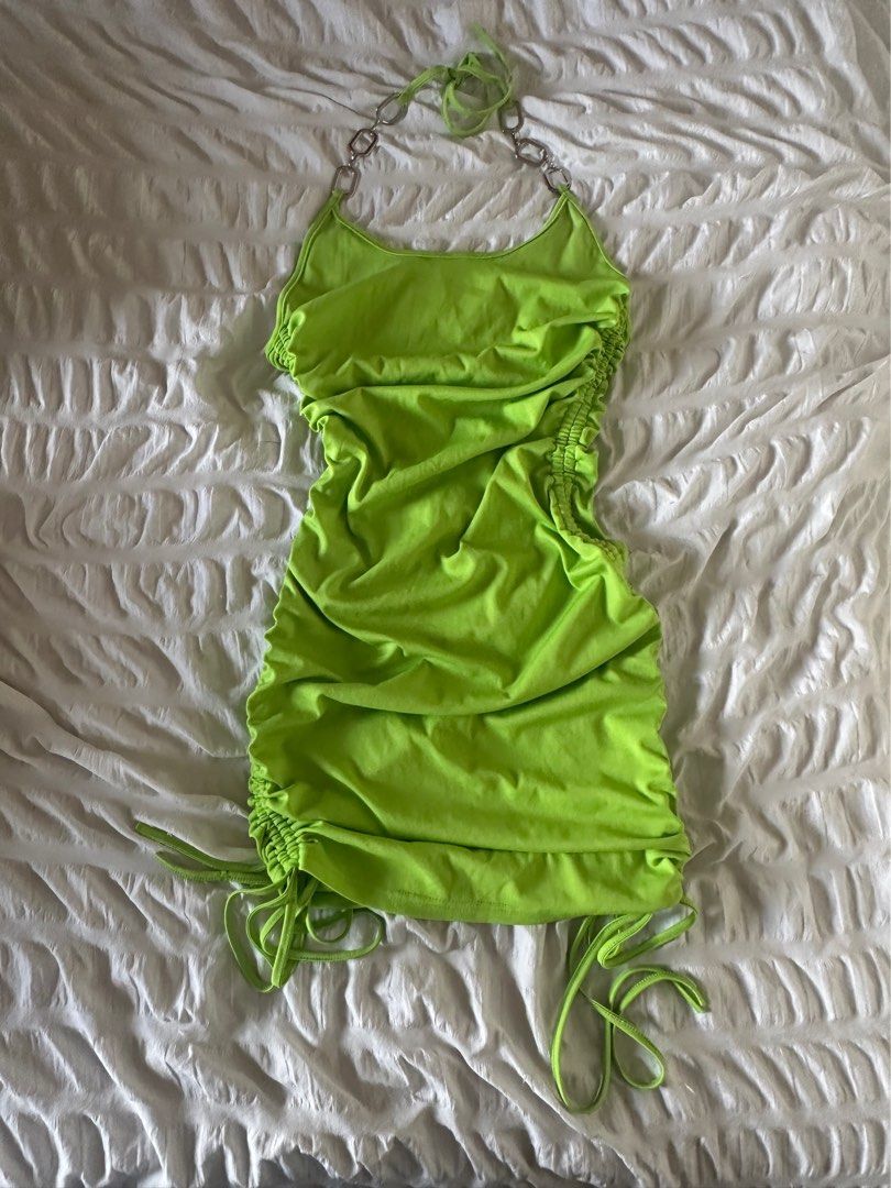 Y2k Lime Green Ruched Chain Dress (Category: Dresses) located in Mandaluyong City. Submitted by youarecutejeans (Listing ID 1466441650, Image 1). Description: - Brand: Do My Self (Brand New with Tag) - Color: Bright lime green - Fit: Bodycon with stretchy fabric - Details: Side ruching, adjustable drawstrings, and silver chain halter neck - Condition: Brand new, never worn.