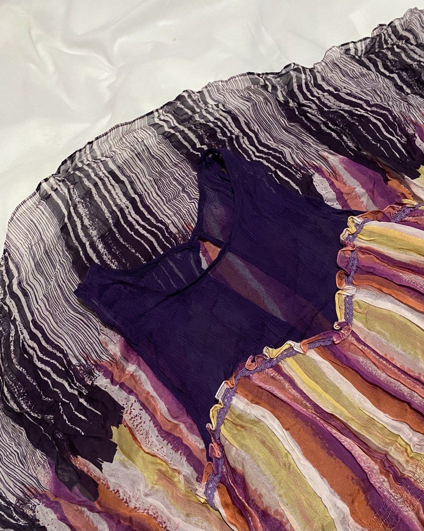 Y2K WHIMSIGOTH MULTI-TEXTURE ABSTRACT DRESS (Category: Dresses) located in Pasig City. Submitted by thriftbycelle (Listing ID 1466391297, Image 3). Description: gorgeous colorful striped mesh dress with sheer purple detailing and a keyhole back! super lightweight, flowy, and easy to layer. 𐙚 Brand: No Brand Tag 𐙚 Size: Fits Large (L) — DM for exact flat measurements! 𐙚 Condition: 8.5/10 (fabric texture is fully intact, very minor signs of wash