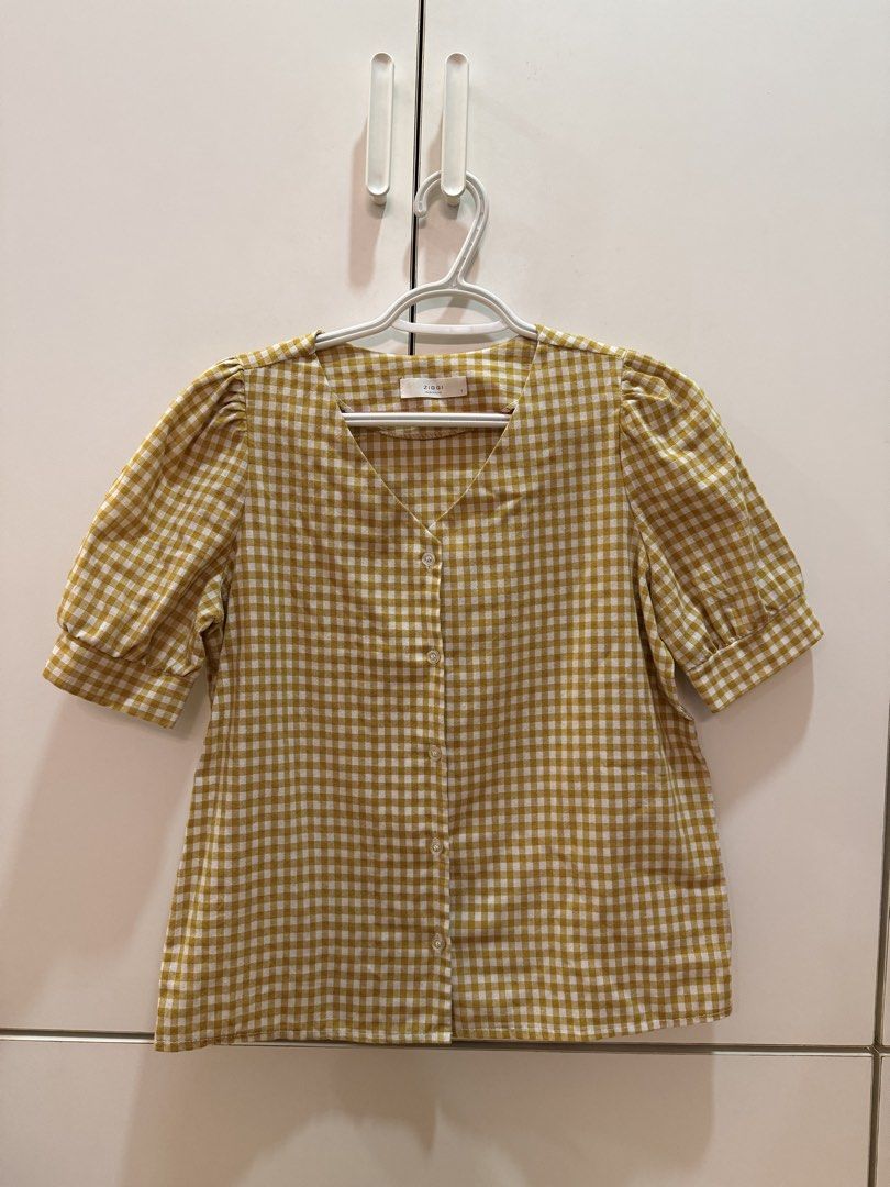 Yellow Gingham Blouse (Category: Blouses) located in Quezon City. Submitted by hazpreloved (Listing ID 1466415651, Image 1). Description: Bought from Korea Free size, best fits Small Addtl discount for bulk orders Tags: shein, mango, pull & bear, h&m, cotton on.