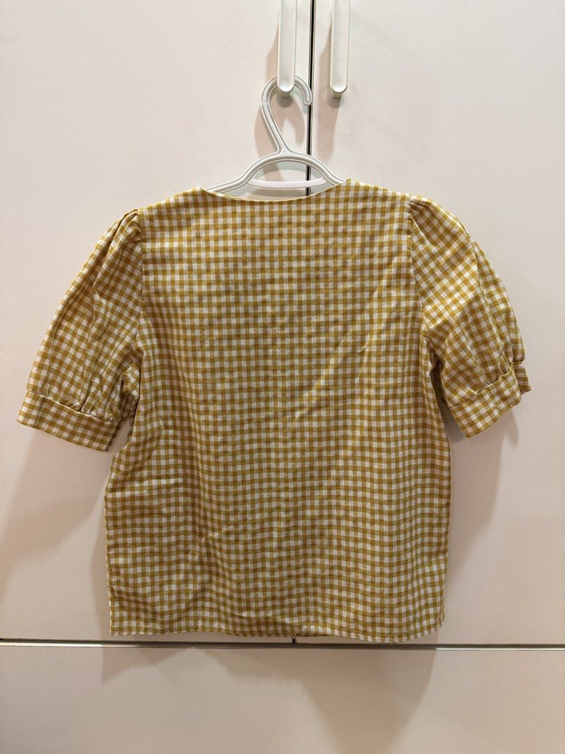 Yellow Gingham Blouse (Category: Blouses) located in Quezon City. Submitted by hazpreloved (Listing ID 1466415651, Image 2). Description: Bought from Korea Free size, best fits Small Addtl discount for bulk orders Tags: shein, mango, pull & bear, h&m, cotton on.
