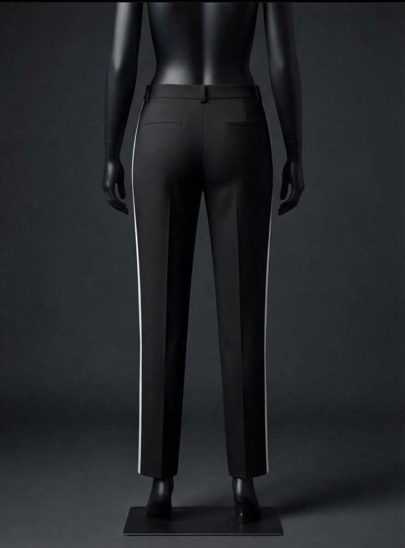 Zara Basic Black Texture Kint Trousers with Striped Side (Category: Jeans) located in Caba. Submitted by valerie_18947 (Listing ID 1466430068, Image 3). Description: - Style: Professional tailored trousers with a sporty twist - Design: Classic black with thin white side stripes on outer legs - Fit: Mid-rise waistband, clean front zip closure, straight leg cut - Perfect for: Elevating your everyday office or streetwear look .
