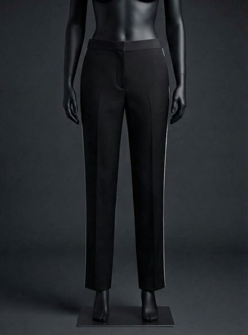 Zara Basic Black Texture Kint Trousers with Striped Side (Category: Jeans) located in Caba. Submitted by valerie_18947 (Listing ID 1466430068, Image 1). Description: - Style: Professional tailored trousers with a sporty twist - Design: Classic black with thin white side stripes on outer legs - Fit: Mid-rise waistband, clean front zip closure, straight leg cut - Perfect for: Elevating your everyday office or streetwear look .