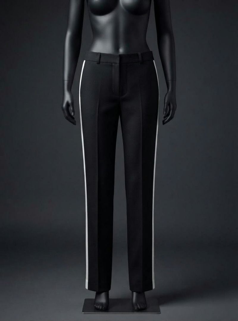 Zara Basic Black Texture Kint Trousers with Striped Side (Category: Jeans) located in Caba. Submitted by valerie_18947 (Listing ID 1466430068, Image 2). Description: - Style: Professional tailored trousers with a sporty twist - Design: Classic black with thin white side stripes on outer legs - Fit: Mid-rise waistband, clean front zip closure, straight leg cut - Perfect for: Elevating your everyday office or streetwear look .