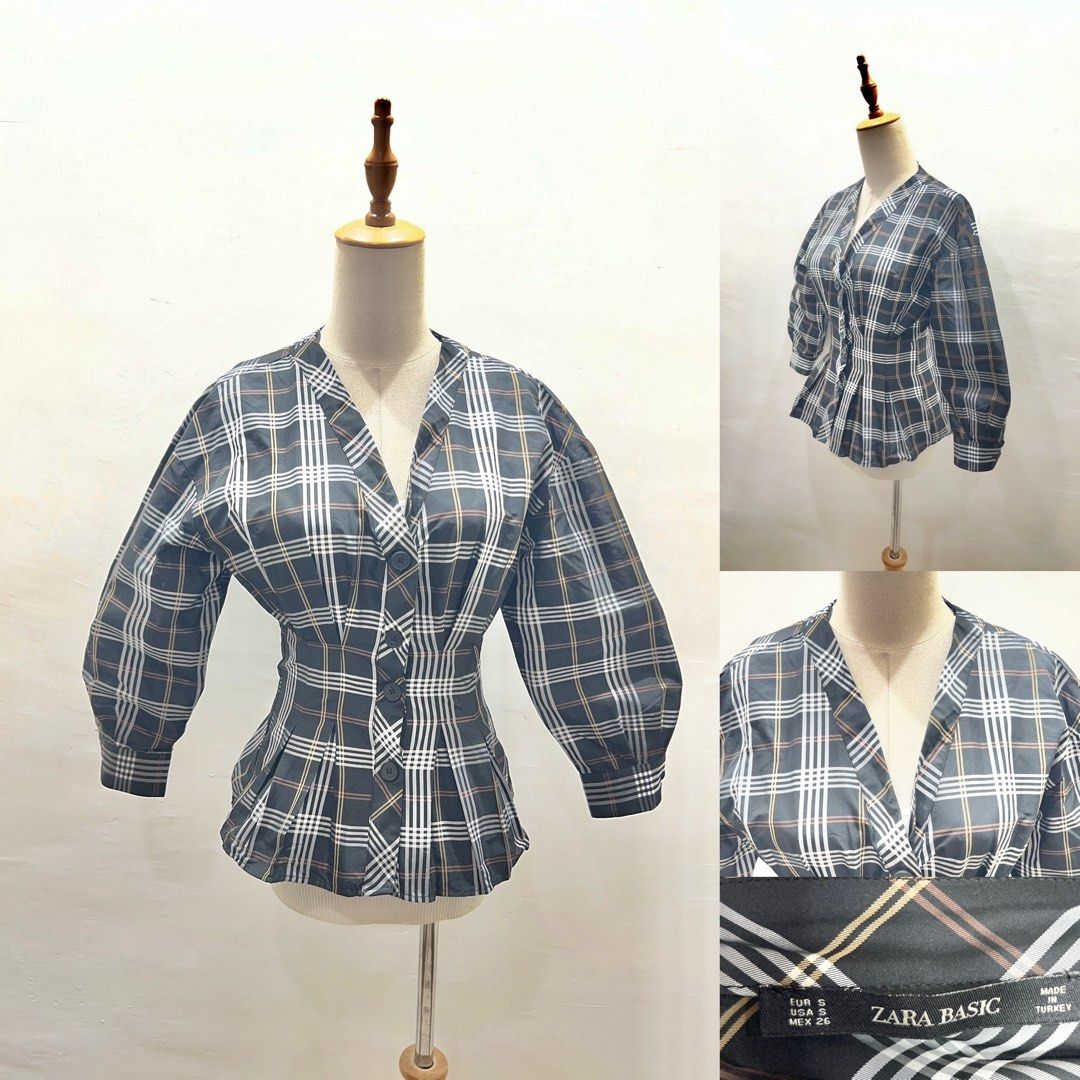 Zara Basic Plaid Button-Up Blouse Size S (Category: Blouses) located in Bacolod City. Submitted by bhabissagal-05763 (Listing ID 1466507865, Image 1). Description: - Brand: Zara Basic - Size: EUR S, USA S, MEX 26 - Color: Dark grey with white and brown checks - Design: V-neckline, button front closure, fitted waist with pleated peplum hem - Sleeves: Voluminous sleeves with button cuffs - Origin: Made in Turkey - Fabric: Lightweight and stylish si