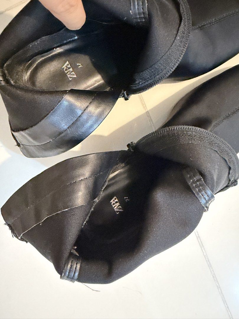 Zara Black Square Toe Heeled Boots Size 37 (Category: Boots) located in Taguig. Submitted by mengxir20193848 (Listing ID 1466524403, Image 3). Description: - Brand: Zara - Style: Stretch fabric ankle boots with square toe and chunky block heel - Size: 37 (marked on inner insole and sole) - Closure: Side zipper for easy wear - Condition: Clean soles with minimal wear, as seen in photos - Perfect for daily wear, work, or night outs!.