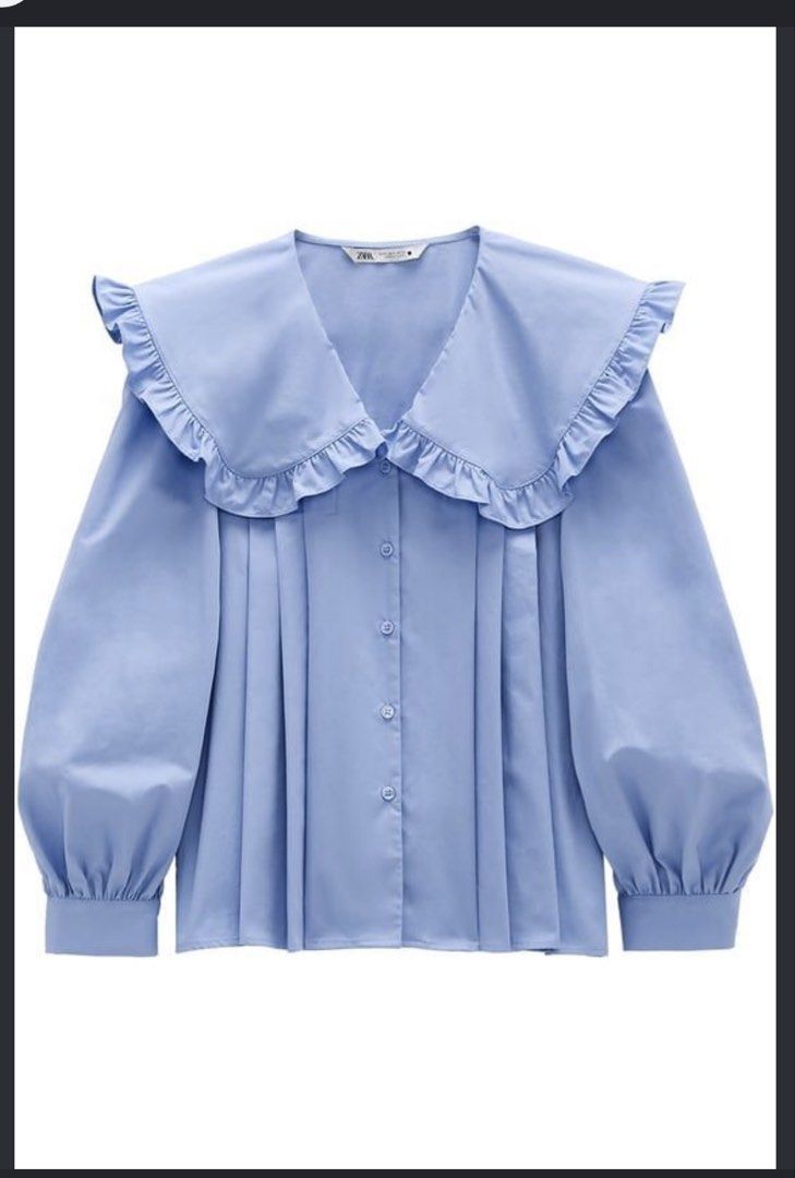Zara Poplin blouse Peter Pan collar (Category: Longsleeves) located in Davao. Submitted by theresetshelf (Listing ID 1466525187, Image 2). Description: LIKE NEW] Zara Light Blue Ruffle Peter Pan Collar Blouse ✨ Condition: 10/10 (Preloved, never been used/worn) ✨Original price is 2,900 ✨open to reasonable offers .