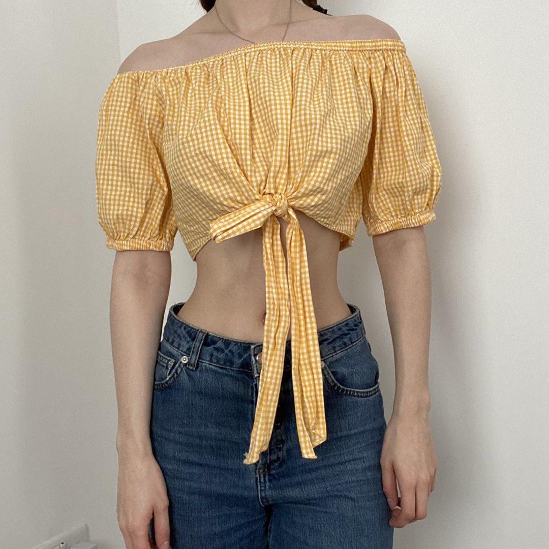 Zara Yellow Gingham Off Shoulder Tie Front Top (Category: Blouses) located in Quezon City. Submitted by scarlette310 (Listing ID 1449510117, Image 1). Description: - No flaws or issues.